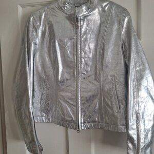 Wilsons Genuine Leather Moto Jacket Maxima Silver Metallic Women's Medium